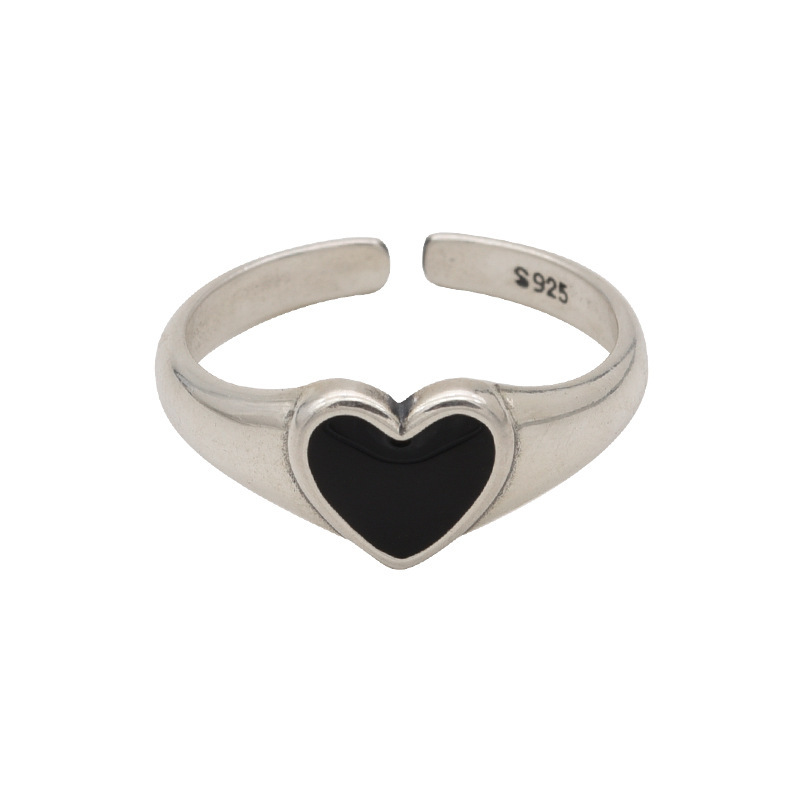 Korean Retro Black Heart S925 Silver Open Ring display picture 3