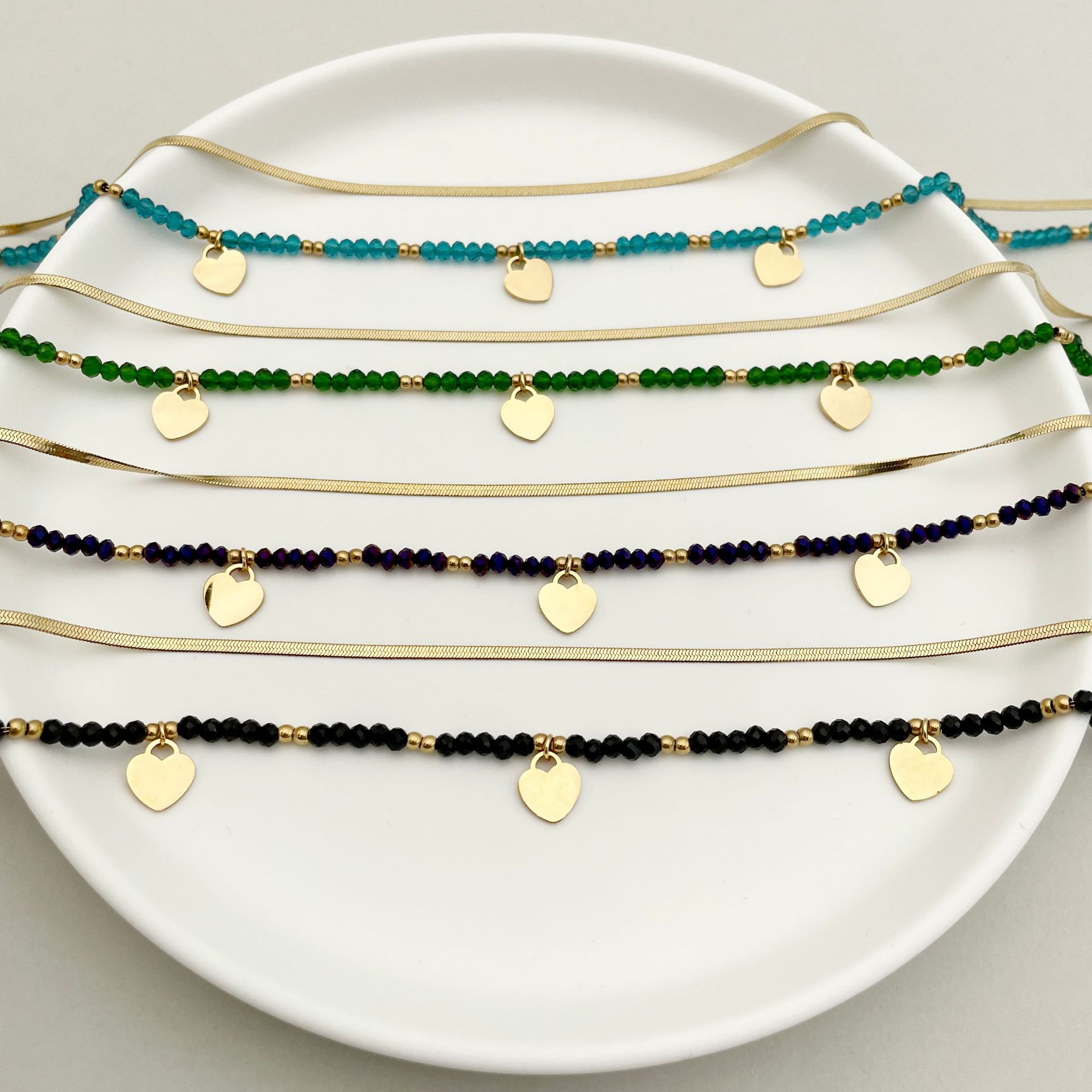 Gold Plated Plating Material 304 Stainless Steel Pendant Material Crystal, Beads Inlay Material Wholesale Jewelry Bohemian Heart Shape 304 Stainless Steel Crystal Beads Gold Plated Plating Stainless Steel Necklaces