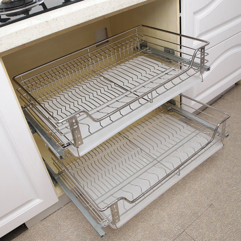 304 solid stainless steel Basket damping cupboard Pull the blue drawer Rack double-deck Dishes kitchen Cupboard Basket