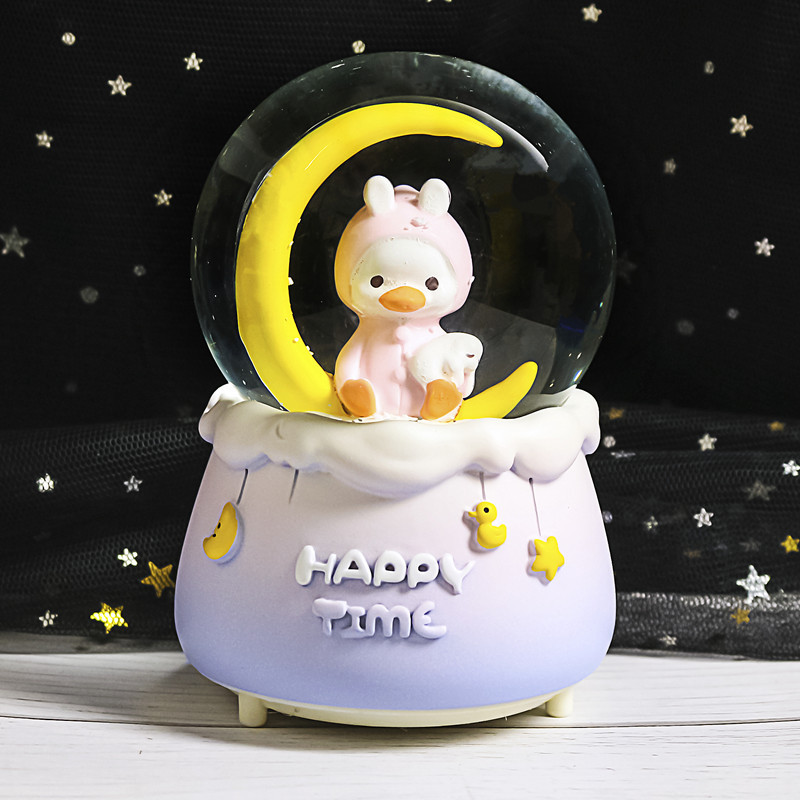 Nueva bola de cristal de mapache rosa pequeña, nieve, caja de música luminosa, luz nocturna, caja de música de regalo, artesanía de una pieza