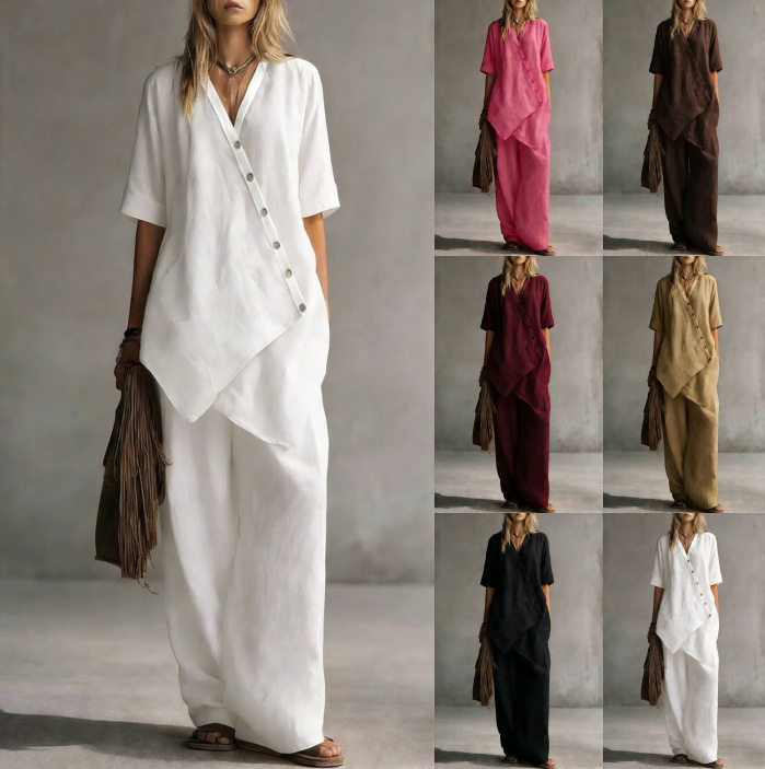 2026 Irregular Shirt and Pants Set European and American Amazon Spring and Summer Loose Short-Sleeved Shirt Casual Suit for Women