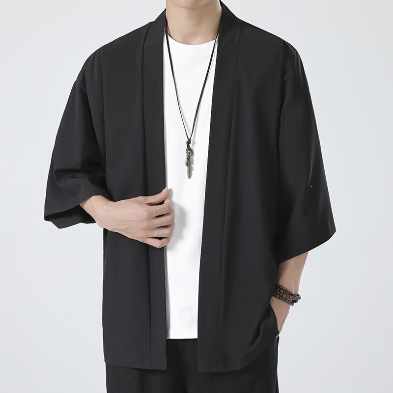 Chinese Style Hanfu Cardigan Jacket for Men, Large Size, Loose-Fitting Taoist Robe, Ancient Style Zen Clothing, Summer Ice Silk Sun Protection Clothing, Kimono