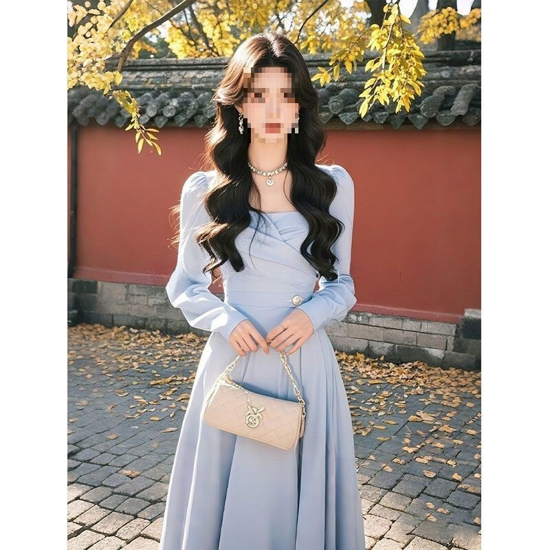 Korean Style Outfit Looks Super Good, Simple and Elegant, Formal Occasion Elegant Blue Dress, Women's Autumn Clothing