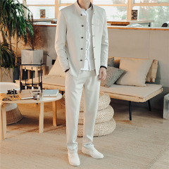 中国風スーツ男春秋潮流刺繍立襟中山服長袖カジュアルコート + ズボン二点セット潮