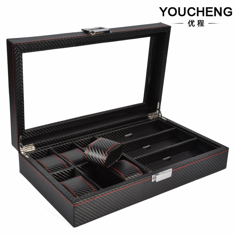 现货批发碳纤维pu手表盒皮革手表眼镜盒6位手表+3格眼镜收纳盒