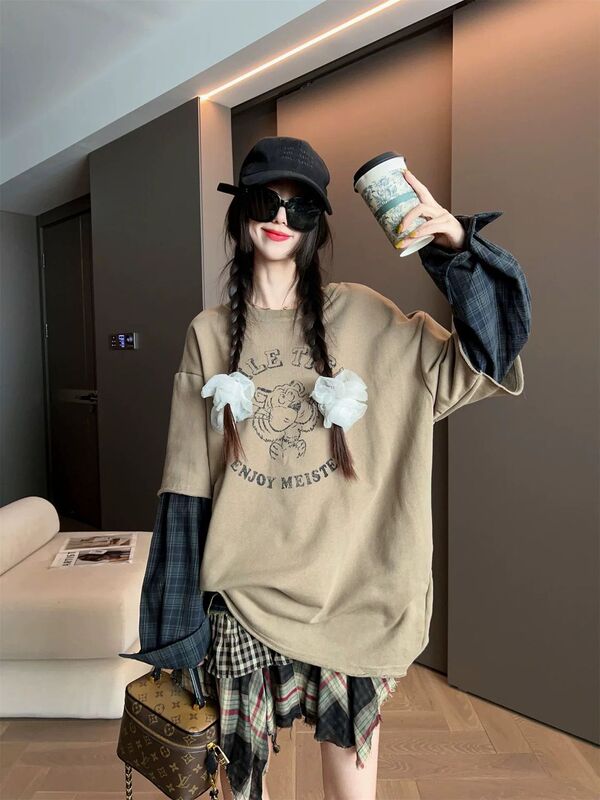 Fashion Faux Two-Piece Long-Sleeve Sweatshirt for Women, Plus Size, Early Autumn New Style, Loose Fit, Slimming, Versatile Designer Top, Trendy