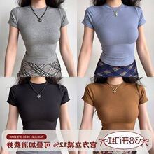 Go Girl Go 欧美风纯色小圆领修身正肩短款T恤女螺纹短袖上衣