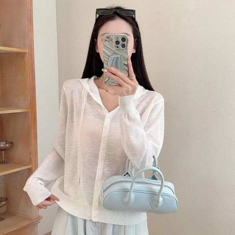 2025 New Summer Loose Hooded Knitted Cardigan Women's Long-Sleeved Versatile Thin Slimming Look Sun Protection Top Jacket