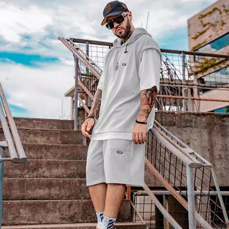 Casual suit Fashion Brand Plus Size Plus Size Fatty Short-sleeved Sweatshirt Summer Loose T-shirt Men's Waffles Shorts