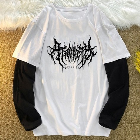 2024 Spring Cross-Border New Letter Printed Pullover Top Loose Fake Two-Piece Long-Sleeved T-Shirt Women's Cotton Fabric