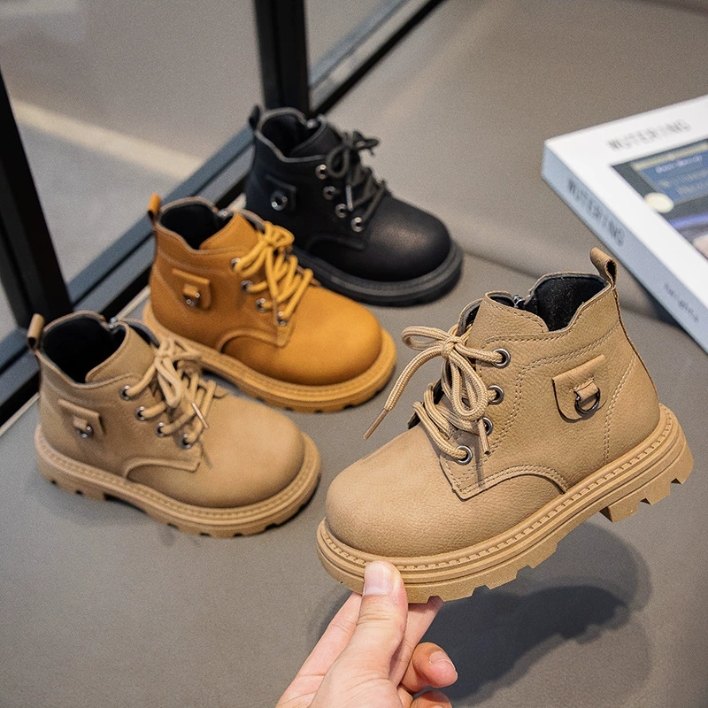 Новинка 2024, осенние и зимние ботинки для мальчиков, детские кожаные желтые ботинки на мягкой подошве, детские короткие сапоги с низким берцем, экспорт обуви для девочек