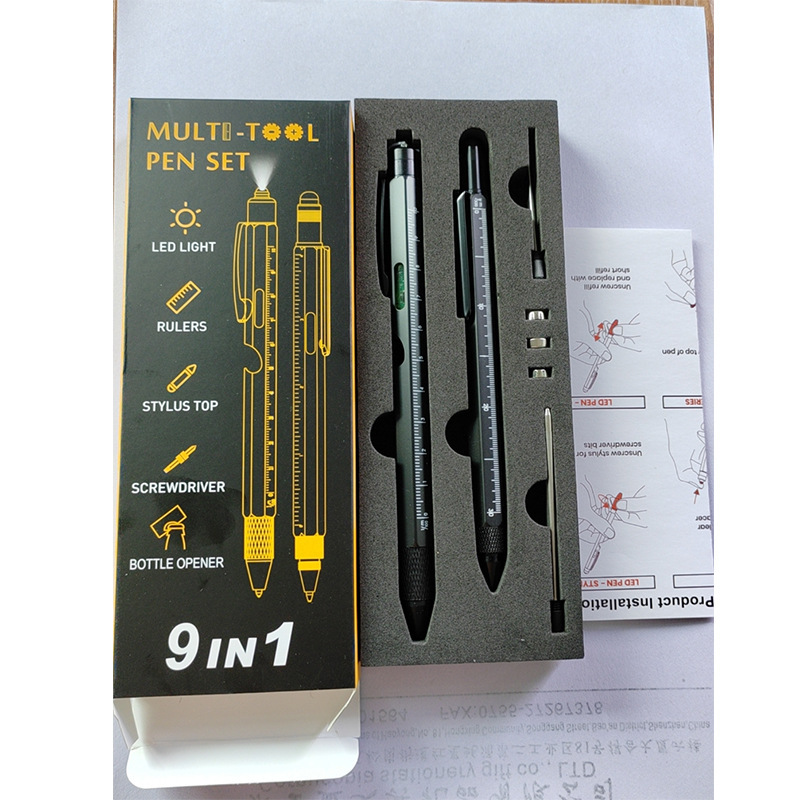 9合1笔开瓶器套装带LED灯笔多功能笔工具6合1金属圆珠笔礼品盒装|undefined