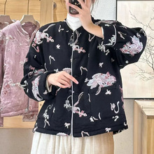 2025冬季新款复古斜襟盘扣夹棉外套女文艺时尚印花宽松天丝麻棉服