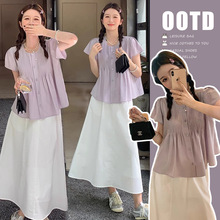 1178现货新款孕妇夏装棉衬衫上衣+孕妇半身裙套装可单卖