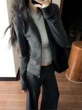 灰色条纹立领修身外套女收腰卫衣开衫韩系短款上衣初秋运动套装