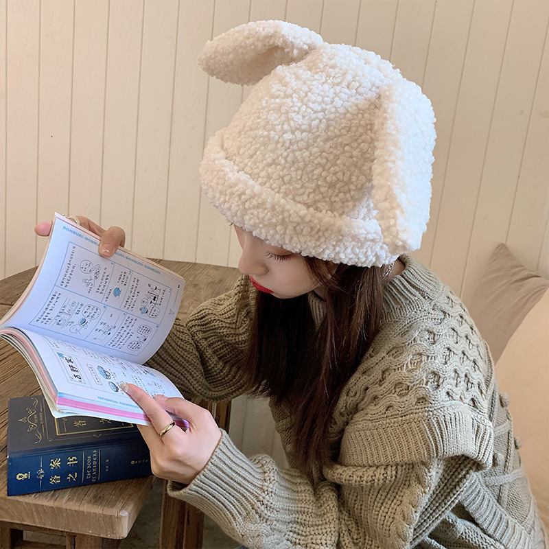 Lamb Wool Rabbit Ears Hat Women's Autumn and Winter 2021 New Warm Internet Celebrity Korean Version Cute Stuffed Pullover Hat