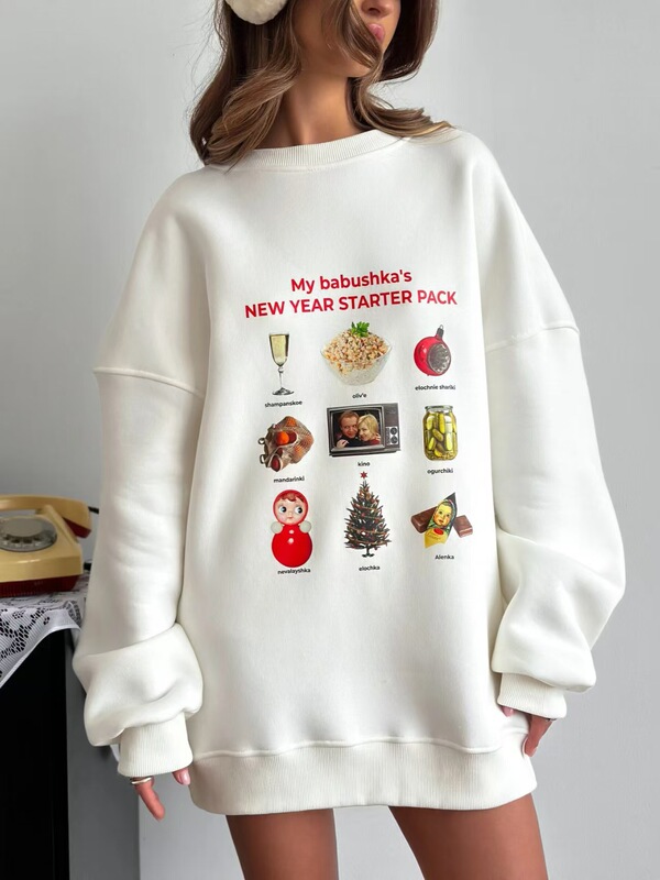 Autumn and Winter Fashion Versatile Round Neck Sweatshirt Cartoon Sweet Age-Reducing Print Hiphop Stylish Fleece-Lined Thickeneded Top