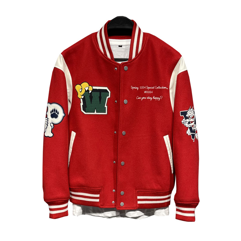 Chaqueta roja de los hombres la chaqueta 2024 primavera Año del collar soporte costura bordado Americano pareja uniforme béisbol