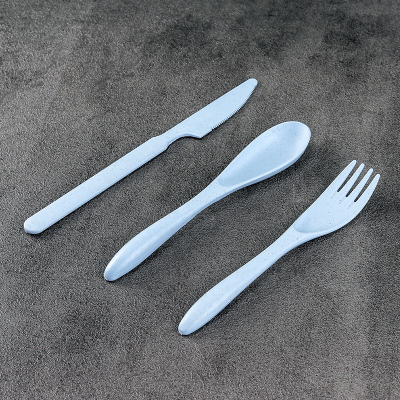 Cuchillo portátil, tenedor y cuchara conjunto de tres piezas de trigo estudiante de viaje palillos, tenedor y cuchara trabajo en caja Smiley vajilla traje logo