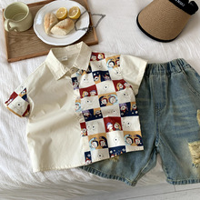 儿童夏装2025新款男童拼接格子短袖衬衫女童可爱时髦洋气衬衣潮款