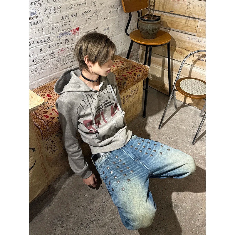Vintage Washed Baggy Jeans For Men & Women – Distressed Denim With Cat Whisker & Studded Details (Blue, S-3XL)_mkmklike.com