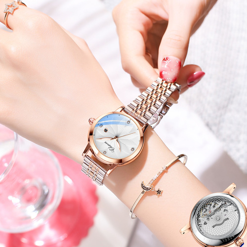 Dawn Women's Watch Sweeping Second Movement Mechanical Hollow Transparent Bottom Cover Live Diamond Calendar Steel Band Quartz Watch