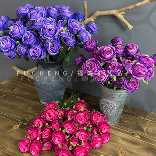 New 3-Head Snow Mountain Rose Artificial Flower Wedding Dark Purple Wedding Hall Decoration Soft Decoration Road Guide Artificial Flower Wholesale