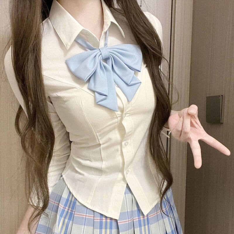 Cosmic Halo JK Uniform Elastic Waist Shirt Long Sleeve Short Sleeve Set Slim Fit Shirt College White Top Cosmic Halo JK Uniform Elastic Waist Shirt Long Sleeve Short Sleeve Set Slim Fit Shirt College White Top