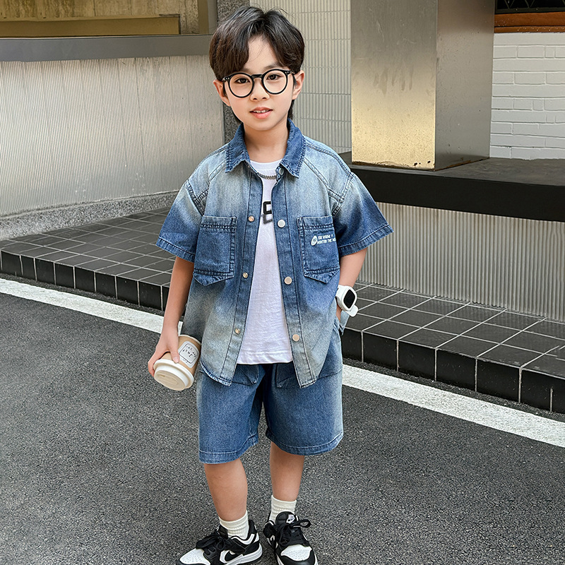 7381 traje de verano para niños camisa de mezclilla para niños pantalones cortos de manga corta 2025 nuevo estilo bebé versión coreana pantalones de cinco puntos marea