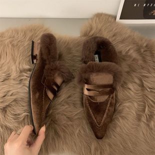 2025 New Pointed Toe Plush Cotton Slippers for Women, Suitable for Outdoor Wear in Autumn and Winter, Slip-On Trendy Closed-Toe Shoes