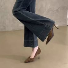 单鞋气质尖头新款百搭浅口绒面绝美通勤细复古休闲法式高跟鞋浅口