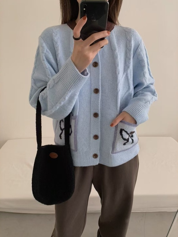 减龄蝴蝶结麻花毛衣撞色开衫女秋冬新款复古软糯慵懒风针织外套潮|undefined