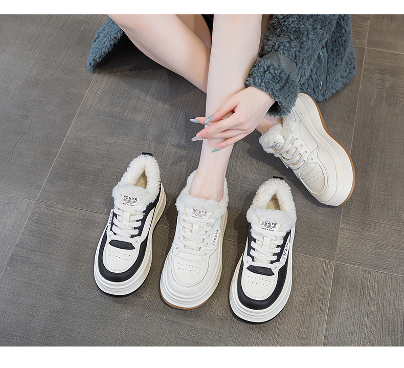 Giày sneaker nữ chunky đế dày mũi tròn lót lông cừu ấm áp mùa thu đông — M2688-1 màu đen lót nhung, M2688-1 trắng be lót nhung chi tiết 9