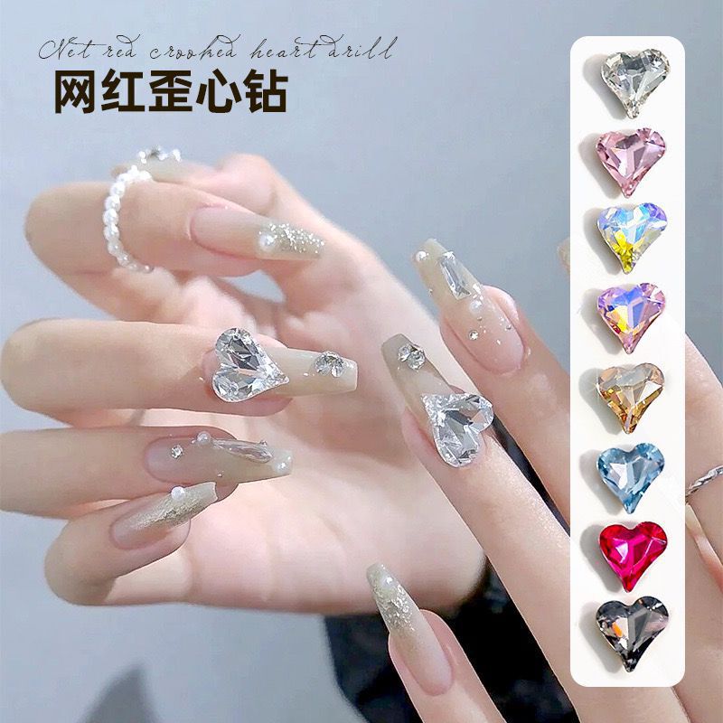 Popular Crooked Heart Diamond Super Flash Peach Heart Diamond Nail Jewelry Flash Popular K9 Pointed Bottom Diamond Decoration Heart Nail Art Diamond