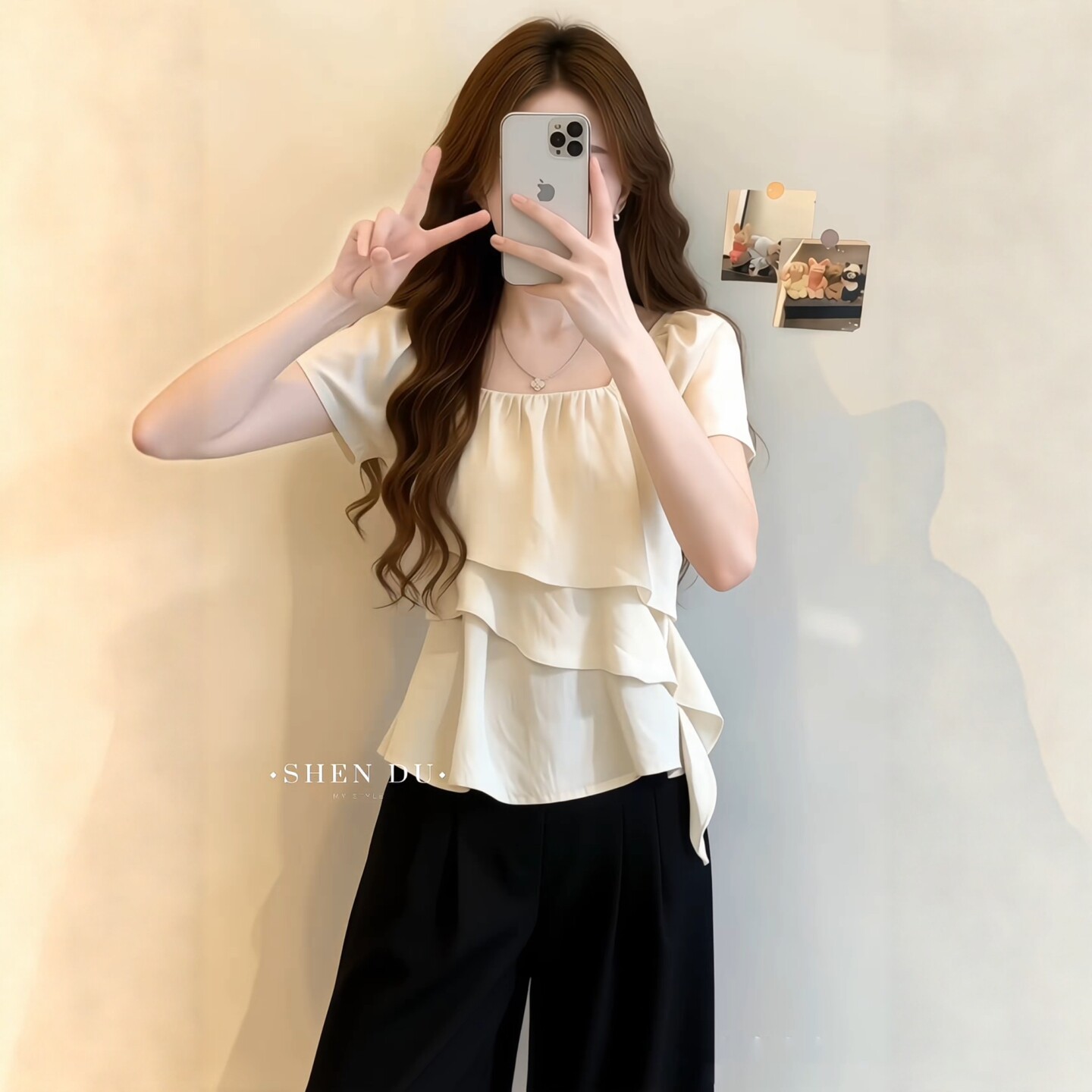 Áo sơ mi nữ cổ vuông tay ngắn, dáng rộng viền lá sen, phối dây rút — màu tím chi tiết 3