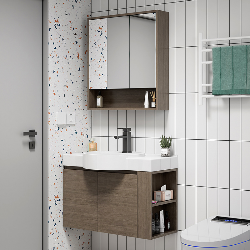 Impermeable de madera maciza pequeño apartamento lavabo baño gabinete combinación baño ultra-estrecho lavabo de cerámica integrado mesa de lavado