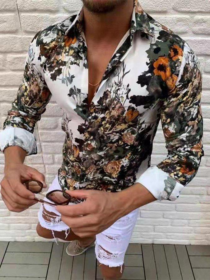 Transfronterizo 2025 primavera y otoño nuevo estilo de los hombres europeos y americanos más el tamaño de la camisa con estampado de plantas de rosas de manga larga