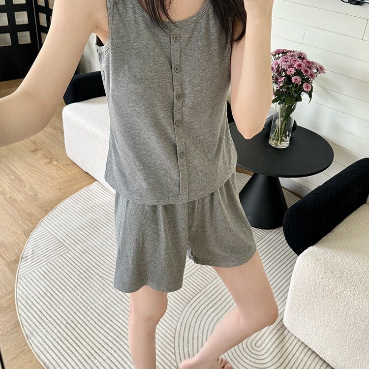 Sleeveless Vest Pajamas for Women Summer Modal with Chest Pads Fake Cardigan Solid Color Can Be Worn Outside Suspender Home Clothes Set