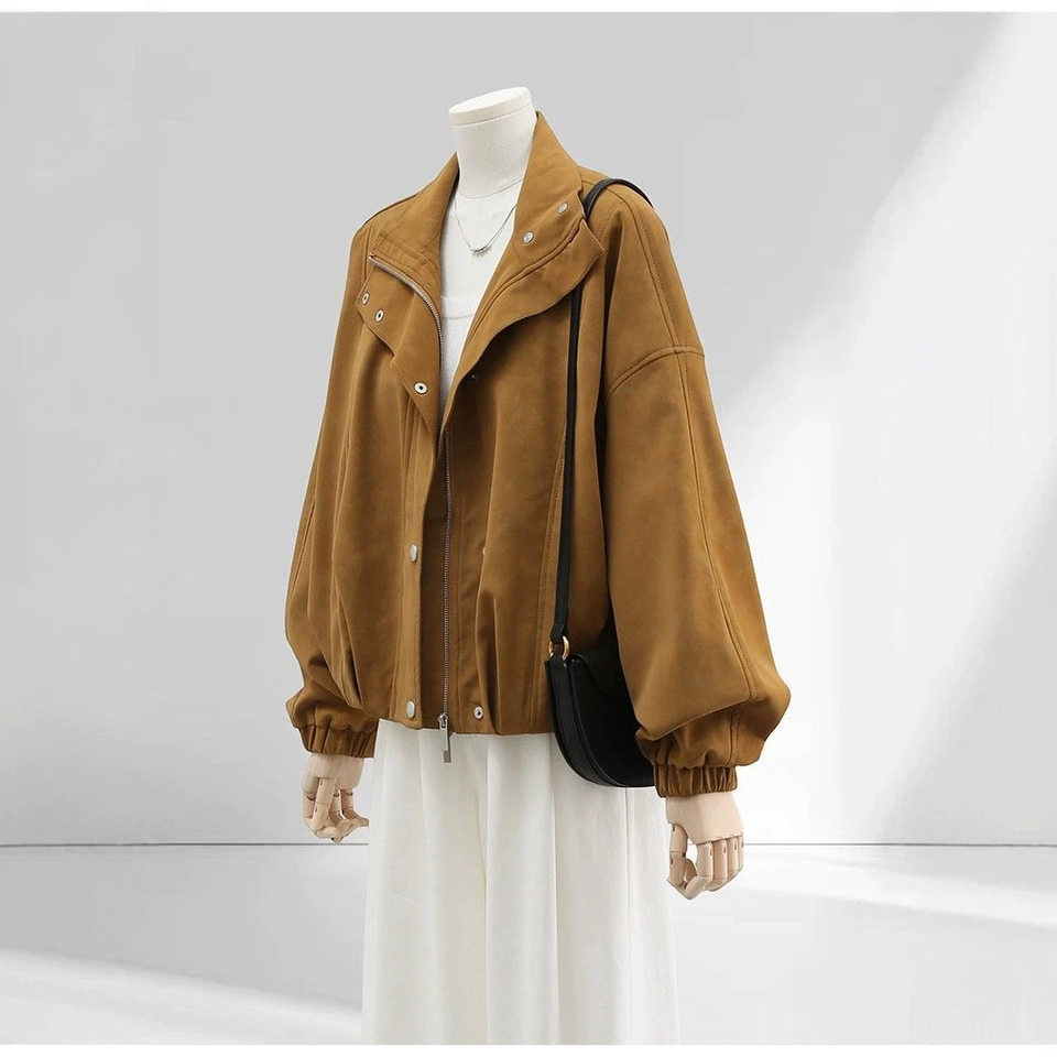 Áo khoác nữ dáng rộng cổ đứng phối lệch phong cách vintage, form suông thoải mái, khóa kéo tiện dụng — Brown Original Vải Nâng cấp