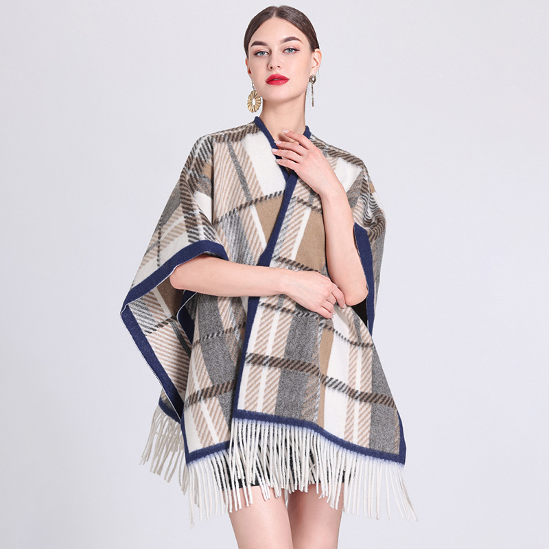 Shawl cape Lady's plaid cardigan with fringe plaid cape scarf woolen coat_voghion.com