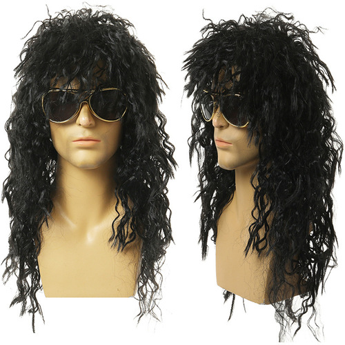 European and American Halloween Wigs for COS Play: Punk Black Men's Wig—Heavy Metal, Disco Party, or Rock 'n' Roll Style with Curly Waves