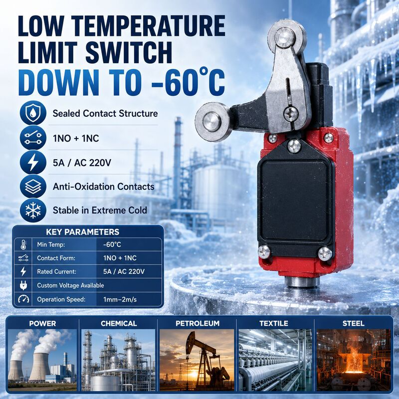 Kaijit low-temperature travel limit switch is a waterproof, pressure-resistant, oil-resistant microswitch specifically designed for cold chain low-temperature conditions