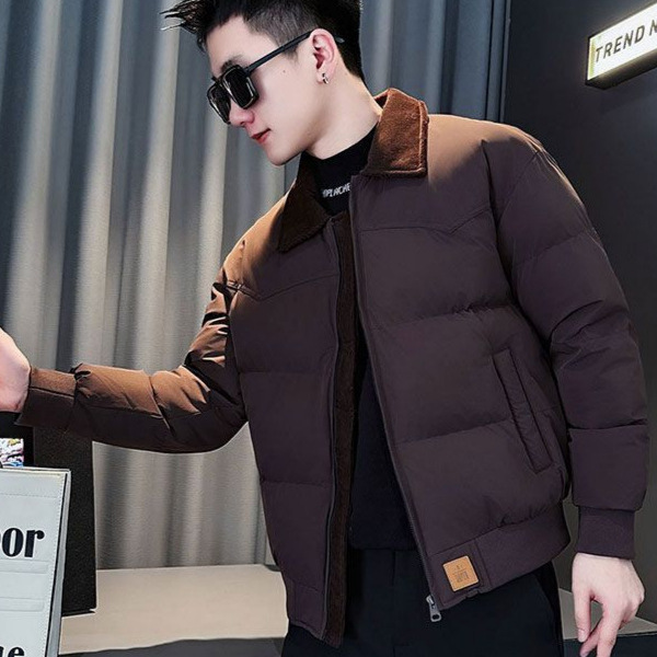 Trendy Men's Winter Patchwork Cotton Jacket with Color-Block Turn-Down Collar, 2025 New Casual Thickened Warm Coat