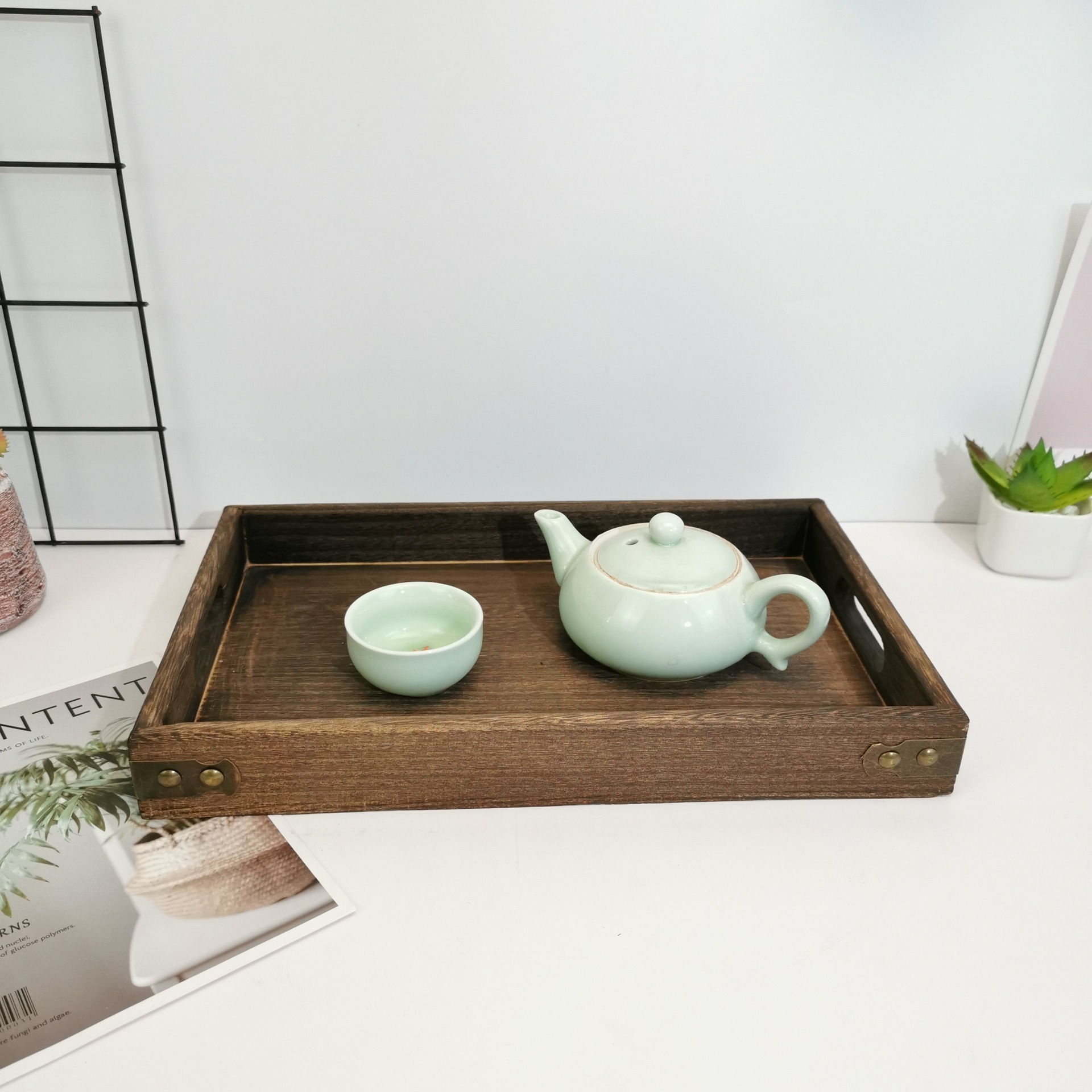 北欧风轻烧桐木托盘长方形实木托盘茶水杯托盘带提手酒店餐厅餐盘