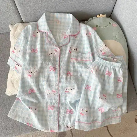 Ins風起爆パジャマ女春夏薄型雲綿シンプルアニメ半袖半ズボン家庭服セット|undefined
