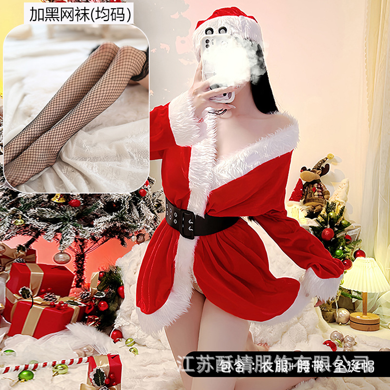 빨간 옷 벨트 크리스마스 모자 검은 그물 스타킹