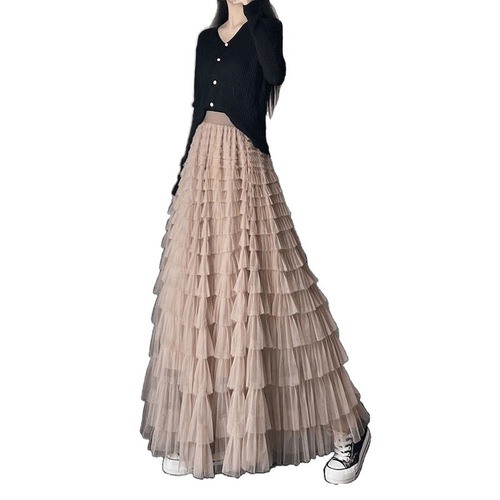 Layered Heavyweight Mesh Cake Skirt Women's Summer Skirt Ultra Long Ethereal Unique Small-Town Feel Unique Characteristic Long Mesh Skirt