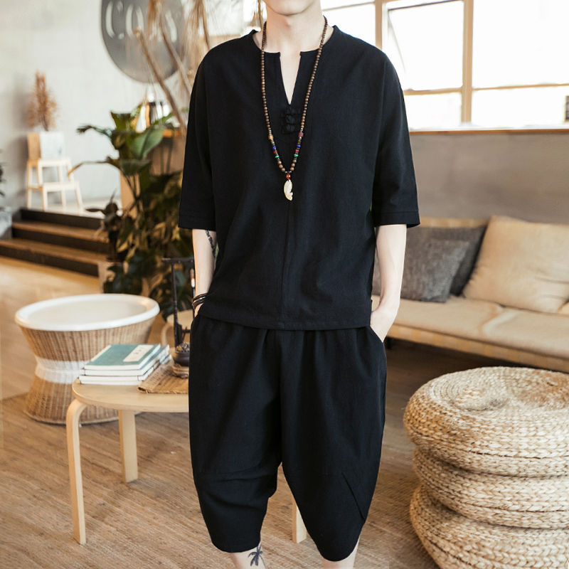 Traje de lino de estilo chino de verano Traje Tang de algodón y lino fino de gran tamaño para hombres Traje Hanfu Traje Zen de manga corta para jóvenes Traje de dos piezas