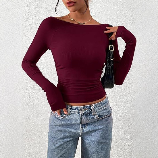 女式长袖 2025 秋季一字领基本款 T 恤休闲修身罗纹针织露脐上衣