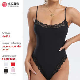欧美跨境裸感蕾丝边连体衣亲肤透气紧身内搭背心双层吊带塑身衣